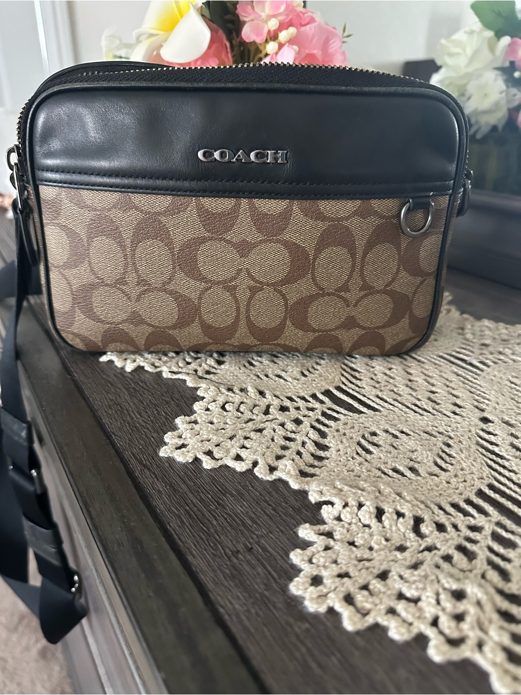 Coach Brown Signature Canvas And Black Leather Messenger